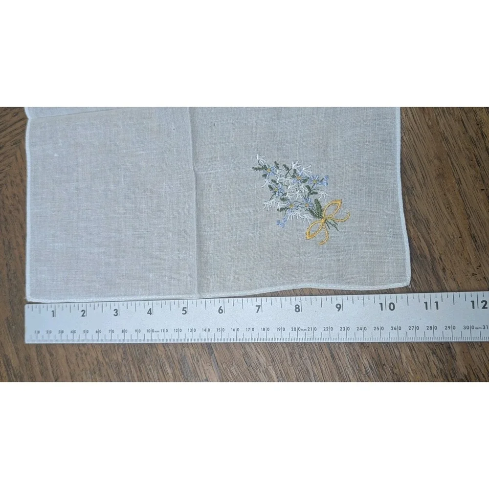 Hand Embroidered White Cotton Handkerchief Blue Flowers - Set Of 4 -